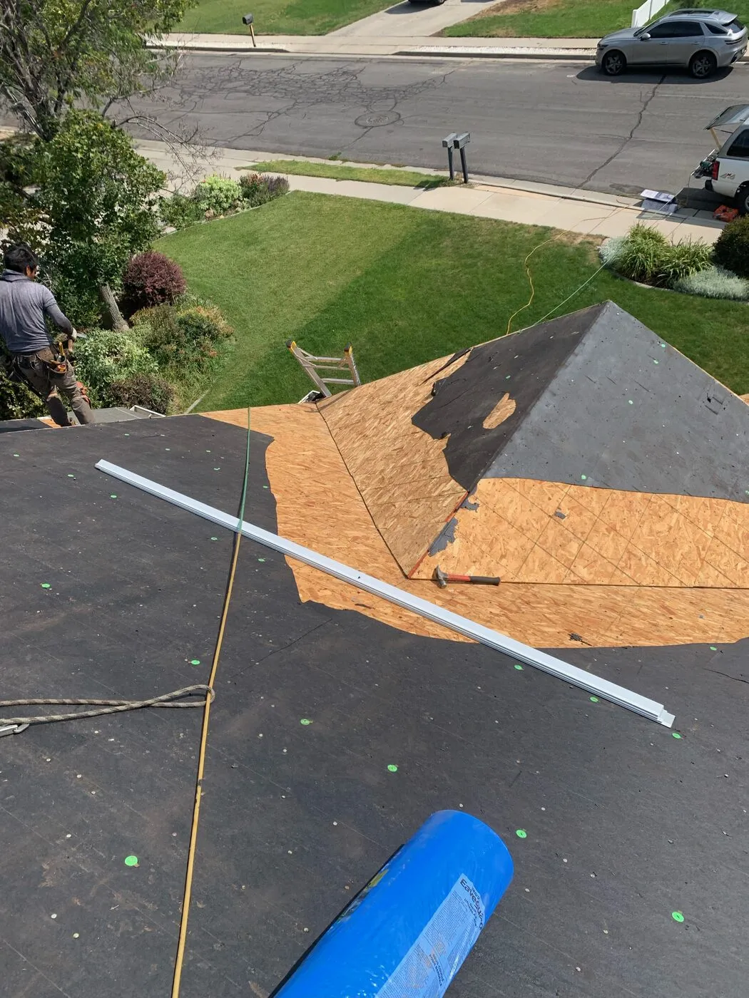 Roof stripped to fresh decking during a tear-off